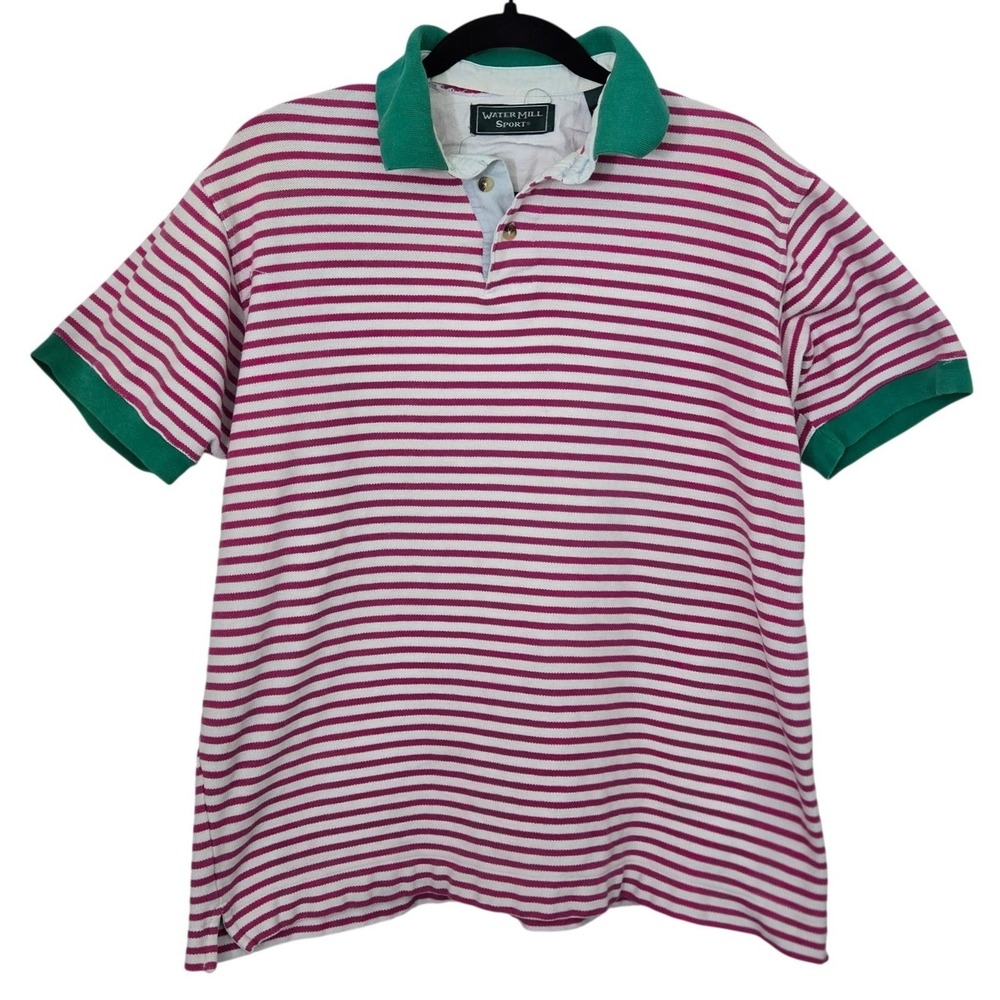 Vint 90s Water Mill Sport Polo Shirt Mens M Pink Green Striped Boxy Grandpacore - Picture 2 of 10